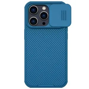 Apple iPhone 14 Pro, Műanyag hátlap + szilikon keret, közepesen ütésálló, kamera védelem, csíkos minta, Nillkin CamShield Pro, kék