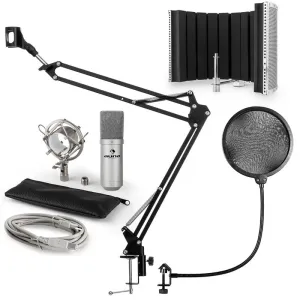 Auna MIC-900S, V5 USB mikrofon készlet, ezüst, kondenzátoros mikrofon, POP szűrő, akusztikai lencse, kar