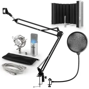 Auna MIC-900S-LED, v5 USB mikrofon készlet, ezüst, kondenzátoros mikrofon, POP szűrő, akusztikai lencse, kar