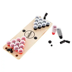BeerCup Ace Mini Beer Pong, asztal, 25 fekete és piros pohár lövésekhez, 3 labdakilövő, 3 labdácska