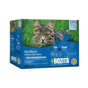 12x85g Bozita Indoor & Sterilised Szószban nedves tasakos macskatáp vegyes csomagban
