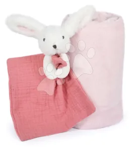 Takaró legkisebbeknek Bunny Happy Boho Doudou et Compagnie plüss nyuszival dédelgetéshez rózsaszín 100*70 cm 0 hó-tól