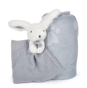 Takaró legkisebbeknek Bunny Happy Glossy Doudou et Compagnie plüss nyuszival dédelgetéshez kék 100*70 cm 0 hó-tól