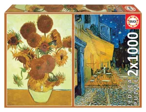 Puzzle Los Girasoles+Terraza De café Por La Noche, Vincent van Gogh Educa 2x1000 darabos és Fix ragasztó 11 évtől