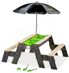 Homokozó asztal homokra és vízre cédrusból Aksent sand&water table Deluxe Exit Toys piknik 2 paddal napernyővel fedéllel és kiegészitőkkel
