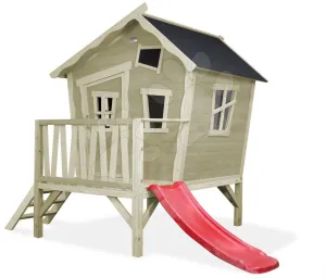 Házikó pilléreken cédrusból Crooky 300 Exit Toys vízhatlan tetővel és csúszdával szürkés-bézs