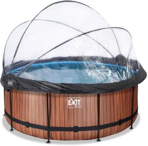 Medence búrával és homokszűrős vízforgatóval Wood pool Exit Toys kerek acél medencekeret 360*122 cm barna 6 évtől