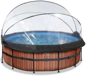 Medence búrával és homokszűrős vízforgatóval Wood pool Exit Toys kerek acél medencekeret 427*122 cm barna 6 évtől