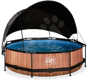 Medence napellenzővel és szivattyúval Wood pool Exit Toys kerek acél medencekeret 300*76 cm barna 6 évtől