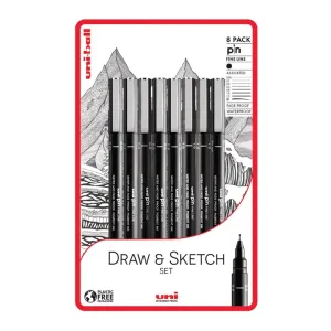 Rajzmarker készlet, UNI PIN "Draw and Sketch", 8 különböző vonalvastagság, fekete #1357541