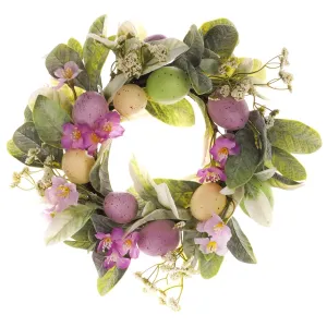 Húsvéti koszorú virágokkal és tojásokkal világos lila, 28 cm átmérő