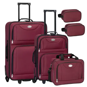 5 darabos textilbőrönd készlet 2 bőrönddel, válltáskával és 2 kozmetikai táskával - bordó