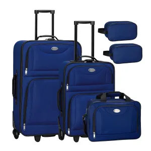 5 darabos textilbőrönd készlet 2 bőrönddel, válltáskával és 2 kozmetikai táskával - kék