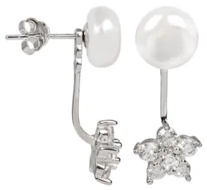 JwL Luxury Pearls Ezüst dupla fülbevaló fehér igazgyönggyel és cirkónium virággal 2 az 1-ben JL0281