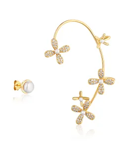 JwL Luxury Pearls Luxus aranyozott aszimmetrikus fülbevaló gyöngyökkel és cirkónium kövekkel - bal füllyukba JL0776