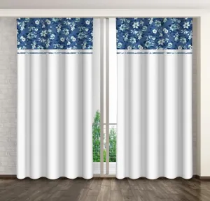 Fehér dekoratív függöny fehér és kék virágmintával Szélesség: 160 cm | Hossz: 250 cm #1173881
