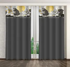 Klasszikus sötétszürke függöny lótuszvirágokkal nyomtatva Szélesség: 160 cm | Hossz: 250 cm #1173926