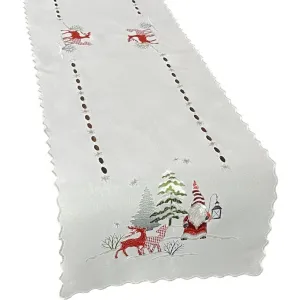 Karácsonyi fehér asztali futó hímzett manóval és rénszarvassal Szélesség: 40 cm | Hosszúság: 220 cm
