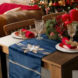 Karácsonyi kék asztali futó arany hópehelyhekkel Szélesség: 40 cm | Hossz: 140 cm