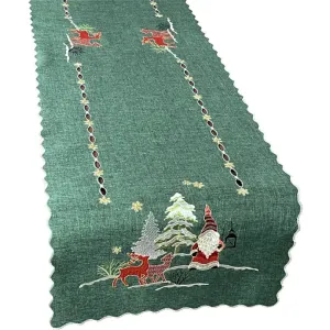 Karácsonyi zöld asztali futó hímzett manóval és rénszarvassal Szélesség: 40 cm | Hosszúság: 160 cm