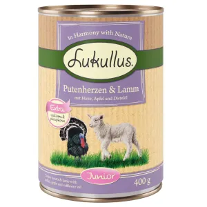 6x400g Lukullus Junior nedves kutyatáp - pulykaszív & bárány