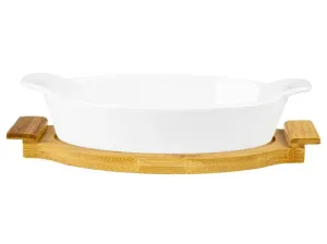 Kerámia sütőtál, ovális - fehér, bambusz - Méretet 28,5 x 15 x 5,5 cm
