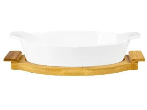 Kerámia sütőtál, ovális - fehér, bambusz - Méretet 33,5 x 19,6 x 6 cm