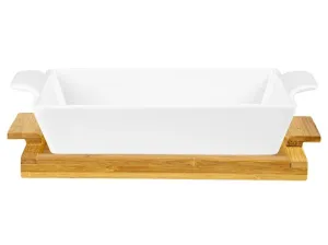 Kerámia sütőtál, szögletes - fehér, bambusz - Méretet 31 x 16,5 x 5,8 cm