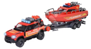 Tűzoltókocsi utánfutóval és mentőhajóval Land Rover Fire Rescue Majorette fém hanggal és fénnyel 33,5 cm hosszú #1301713