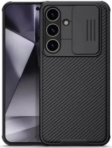 Samsung Galaxy S24 Plus SM-S926, Műanyag hátlap + szilikon keret, közepesen ütésálló, kamera védelem, csíkos minta, Nillkin CamShield Pro, fekete