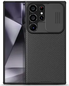 Samsung Galaxy S24 Ultra SM-S928, Műanyag hátlap + szilikon keret, közepesen ütésálló, kamera védelem, csíkos minta, Nillkin CamShield Pro, fekete