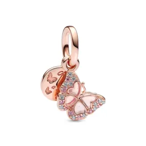 PANDORA Rózsaszín pillangó és idézet dupla függő charm