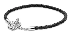 Pandora Ezüst karkötő fekete bőrrel 591675C01 17,5 cm
