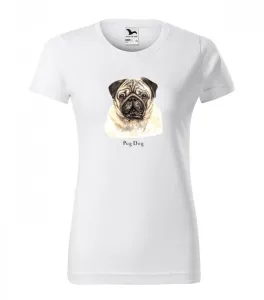 Női pamut póló Mopsz kutyus nyomtatással L Fehér