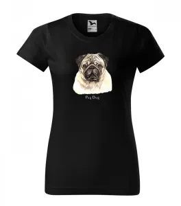 Női pamut póló Mopsz kutyus nyomtatással S Fekete