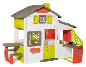 Házikó Jóbarátok konyhával tágas Neo Friends House Smoby 2 ajtó 6 ablak piknik asztal és egyéb kiegészítőkkel is bővíthető 172 cm magas UV szűrővel
