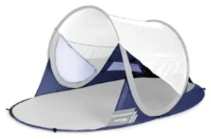 A self-bevethető strand paravan Spokey STRATUS UV 40 190x120x90 cm fehér és kék