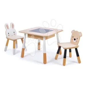Fa gyerekbútor Forest table and Chairs Tender Leaf Toys asztal tárolórésszel és két kisszékkel mackó és nyuszi