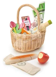 Fa kosár tulipánokkal Wicker Shopping Basket Tender Leaf Toys csokival limonádéval sajttal és további élelmiszerekkel