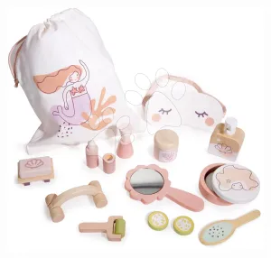 Fa fürdőszoba készlet játékbabának Spa Retreat Set Tender Leaf Toys textil táskában 11 kiegészítővel