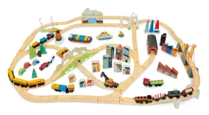 Fa vonatpálya hegyekben Mountains View Train Set Tender Leaf Toys Utazás a Föld körül  városokon és hegyeken keresztül 58 darabos