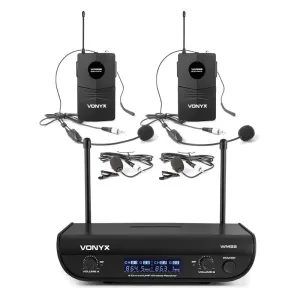 Vonyx WM82B digitális, 2-csatornás UHF vezeték nélküli mikrofonrendszer, 2 x headset mikrofon, 50 m, tok